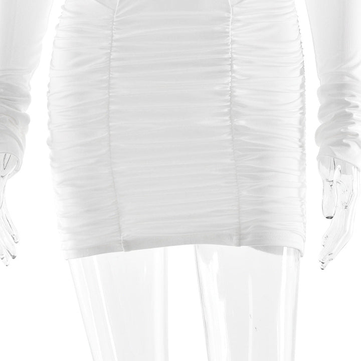 Long sleeve ruched v neck solid mini dress  | Festival Outfits Women