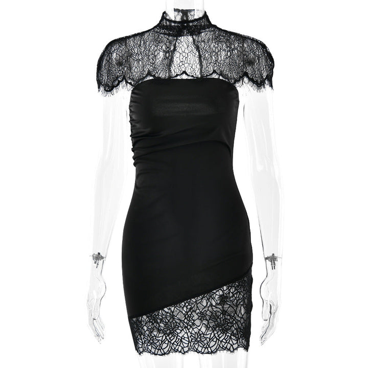 High neck lace ruched irregular 2 piece mini dress  | Festival Outfits Women