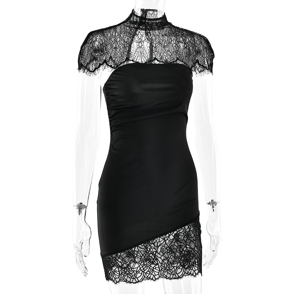 High neck lace ruched irregular 2 piece mini dress  | Festival Outfits Women