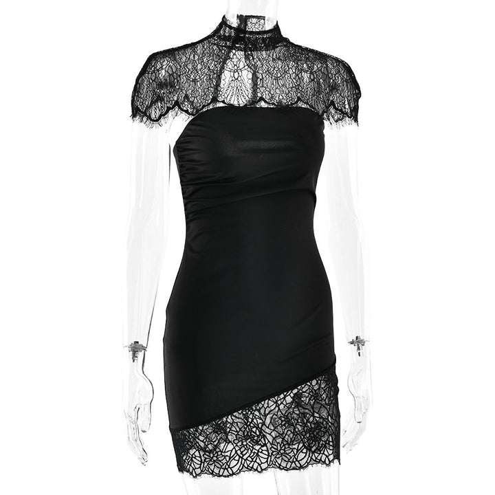 High neck lace ruched irregular 2 piece mini dress  | Festival Outfits Women