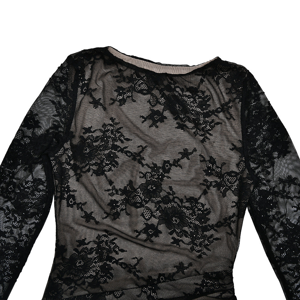 Lace long sleeve slit crewneck irregular midi dress  | Festival Outfits Women