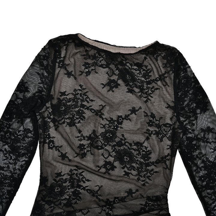 Lace long sleeve slit crewneck irregular midi dress  | Festival Outfits Women