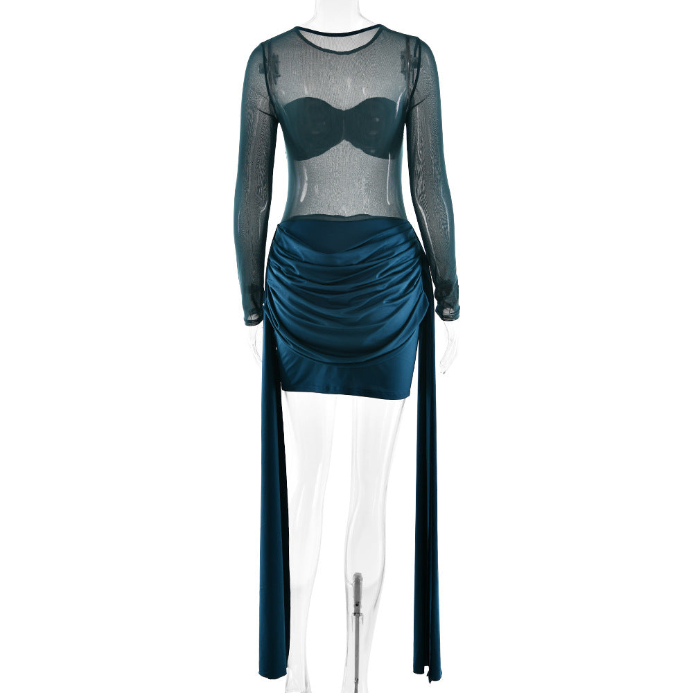 Crewneck long sleeve ruched mesh mini dress  | Festival Outfits Women