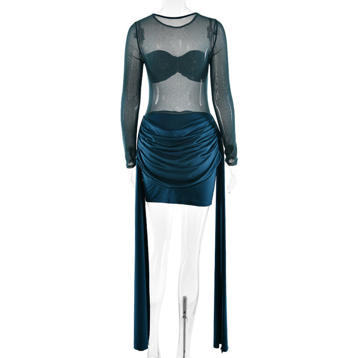 Crewneck long sleeve ruched mesh mini dress  | Festival Outfits Women