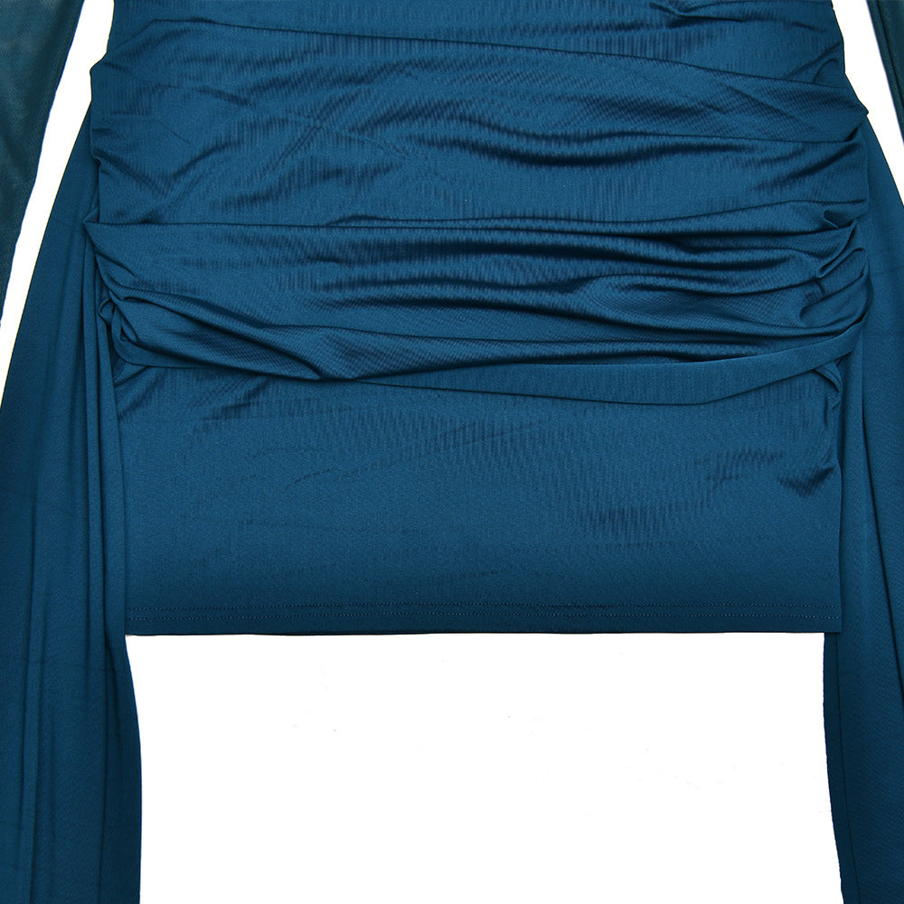 Crewneck long sleeve ruched mesh mini dress  | Festival Outfits Women