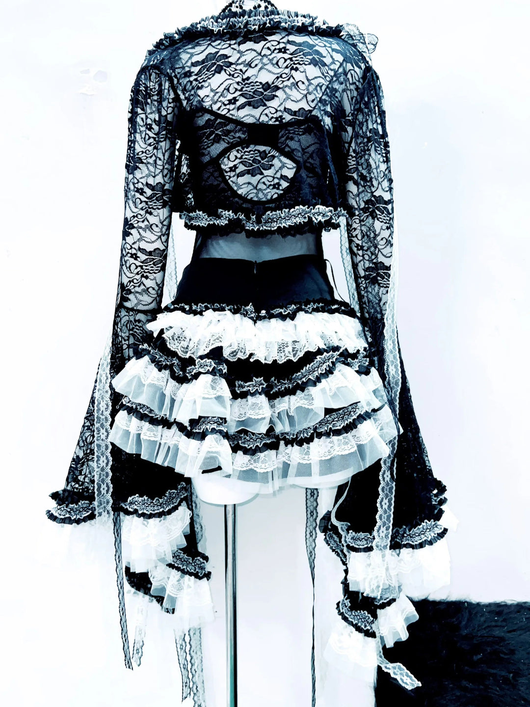 Bowknot long flared sleeve lace flower applique mini skirt set  | Festival Outfits Women