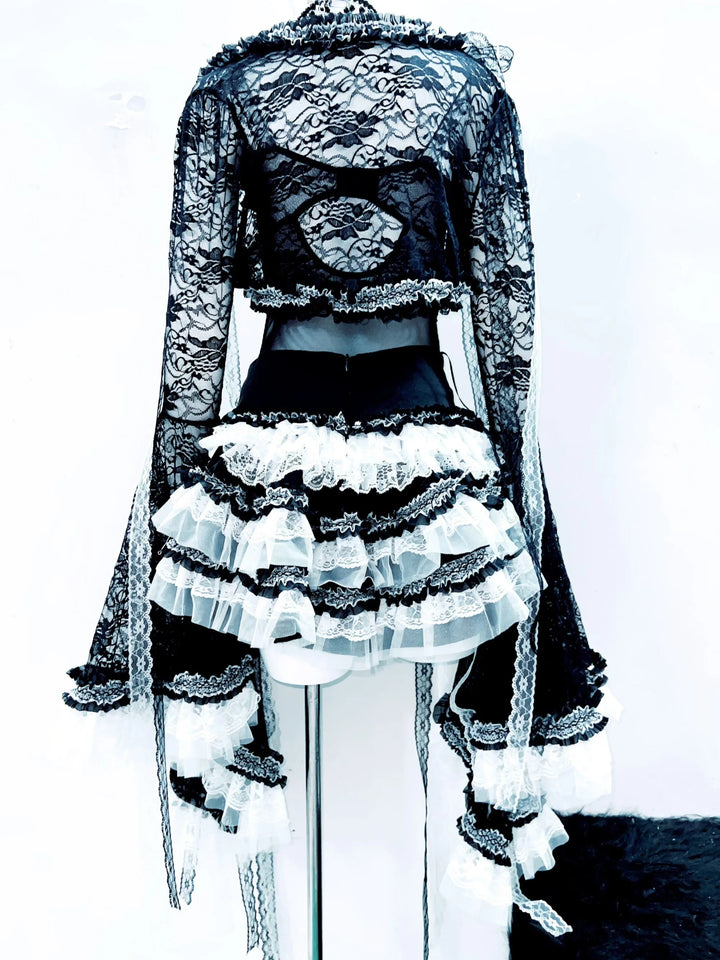 Bowknot long flared sleeve lace flower applique mini skirt set  | Festival Outfits Women