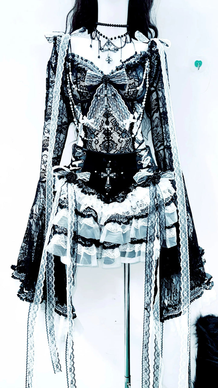 Bowknot long flared sleeve lace flower applique mini skirt set  | Festival Outfits Women