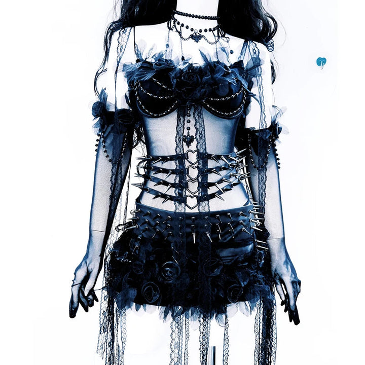 Beaded flower applique PU leather A line mini skirt set Cargo Mini Skirt  | Festival Outfits Women