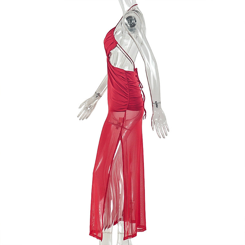 Halter ruched mesh backless self tie maxi dress  | Festival Outfits Women