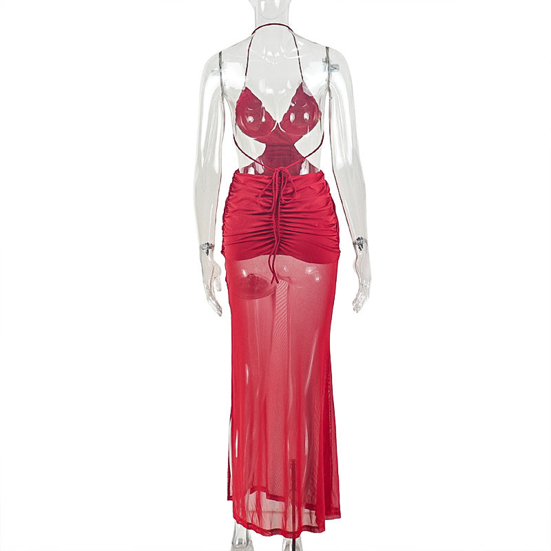 Halter ruched mesh backless self tie maxi dress  | Festival Outfits Women