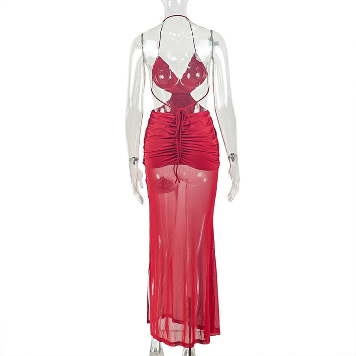 Halter ruched mesh backless self tie maxi dress  | Festival Outfits Women