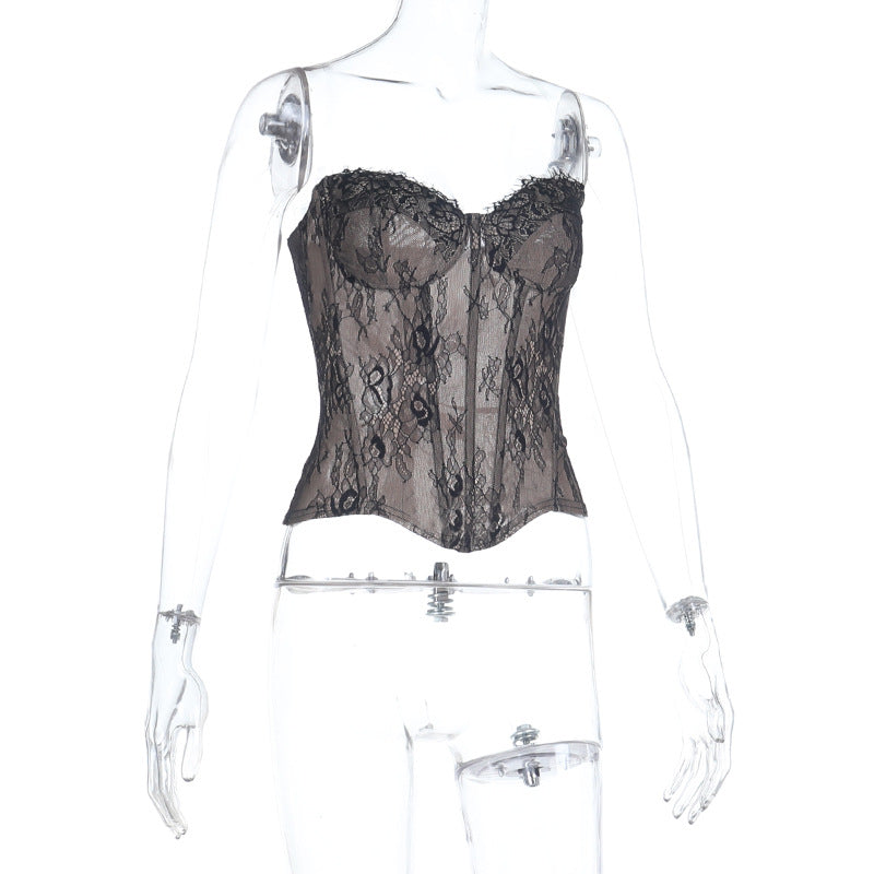 Sweetheart neck lace backless zip-up tube top  | Festival Outfits Women