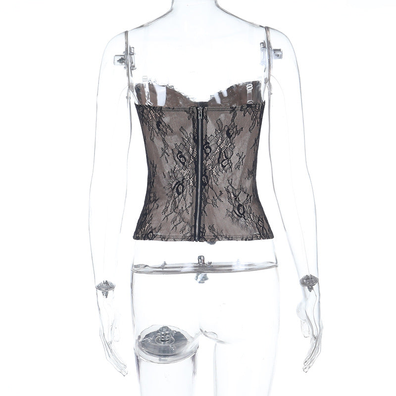 Sweetheart neck lace backless zip-up tube top  | Festival Outfits Women