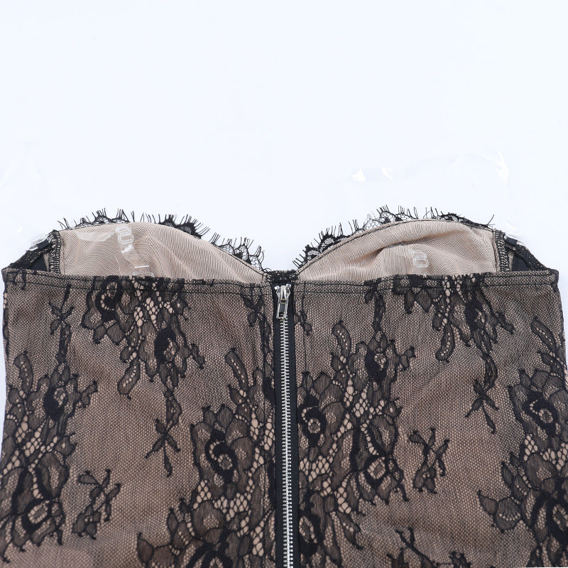 Sweetheart neck lace backless zip-up tube top  | Festival Outfits Women