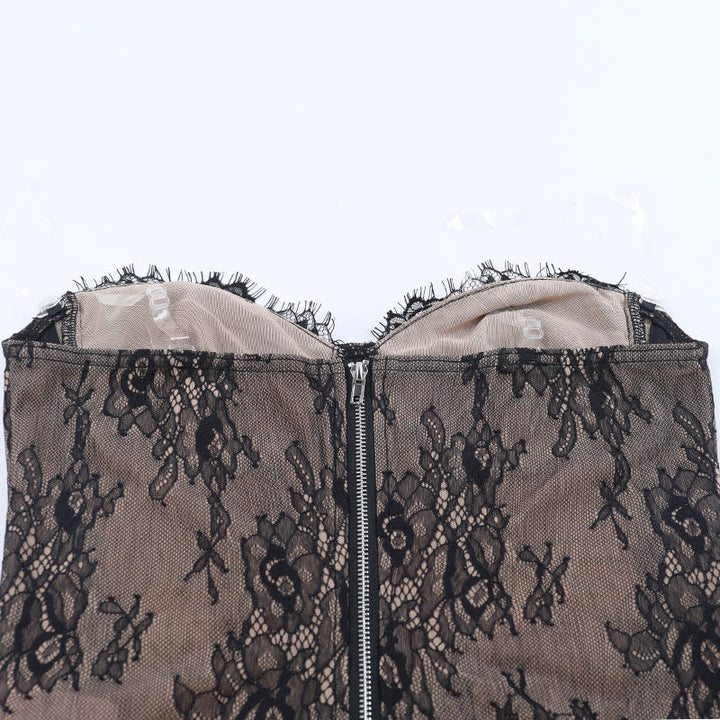 Sweetheart neck lace backless zip-up tube top  | Festival Outfits Women