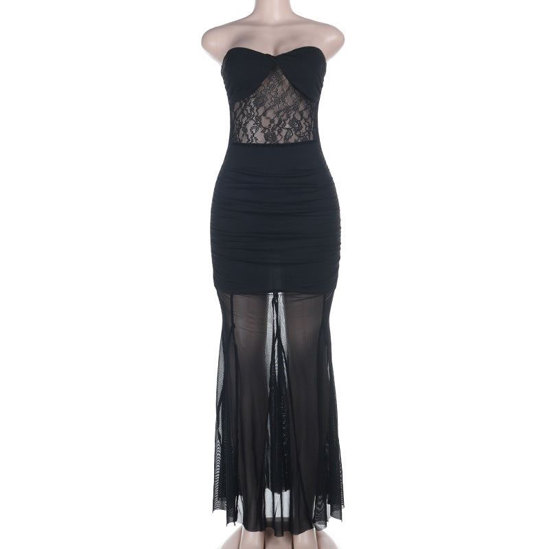 Mesh ruched tube backless solid maxi dress  | Festival Outfits Women