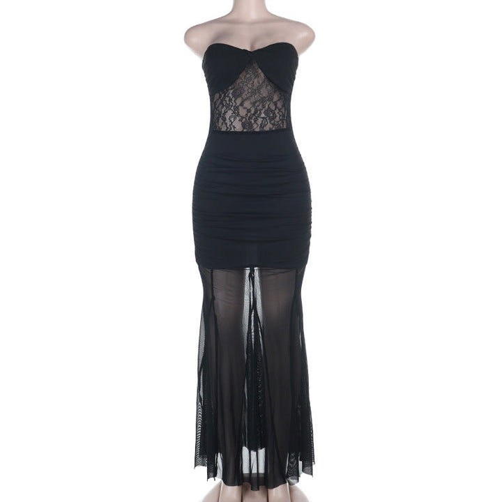 Mesh ruched tube backless solid maxi dress  | Festival Outfits Women