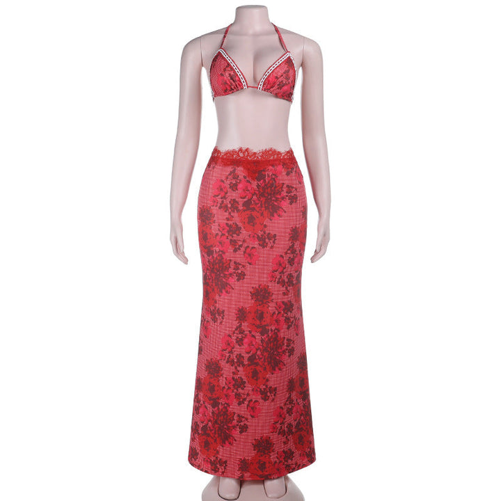 Self tie halter flower print lace hem maxi skirt set  | Festival Outfits Women