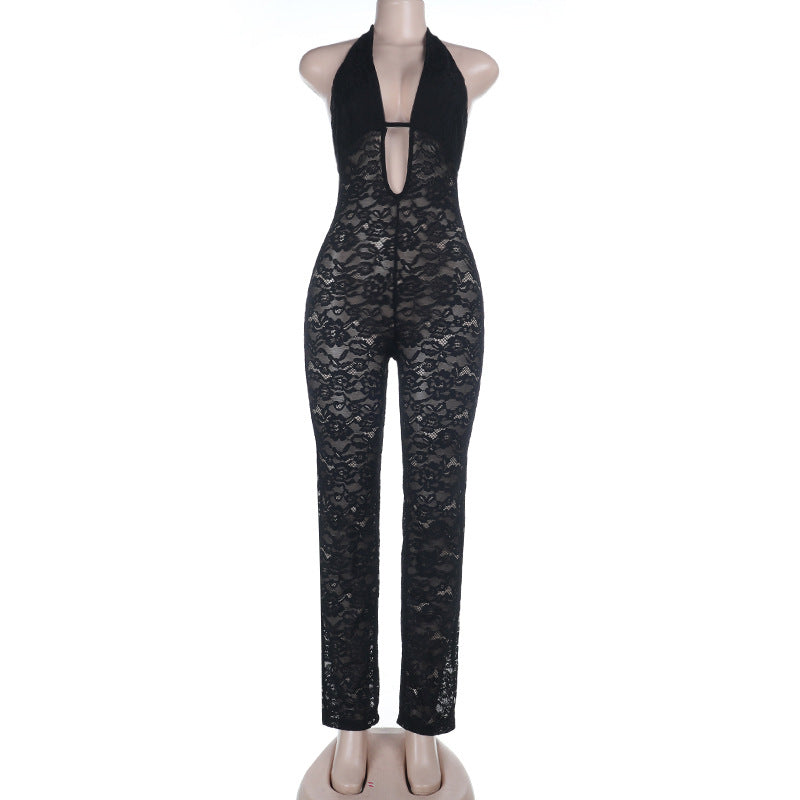 Hollow out lace halter self tie backless jumpsuit  | Festival Outfits Women