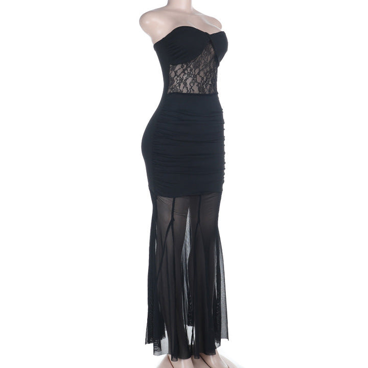Mesh ruched tube backless solid maxi dress  | Festival Outfits Women