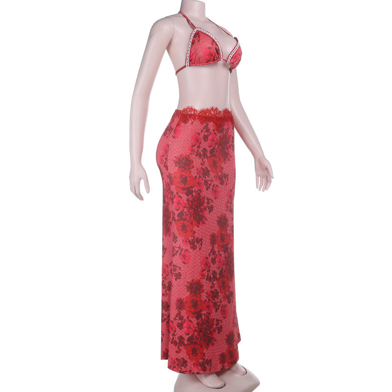 Self tie halter flower print lace hem maxi skirt set  | Festival Outfits Women