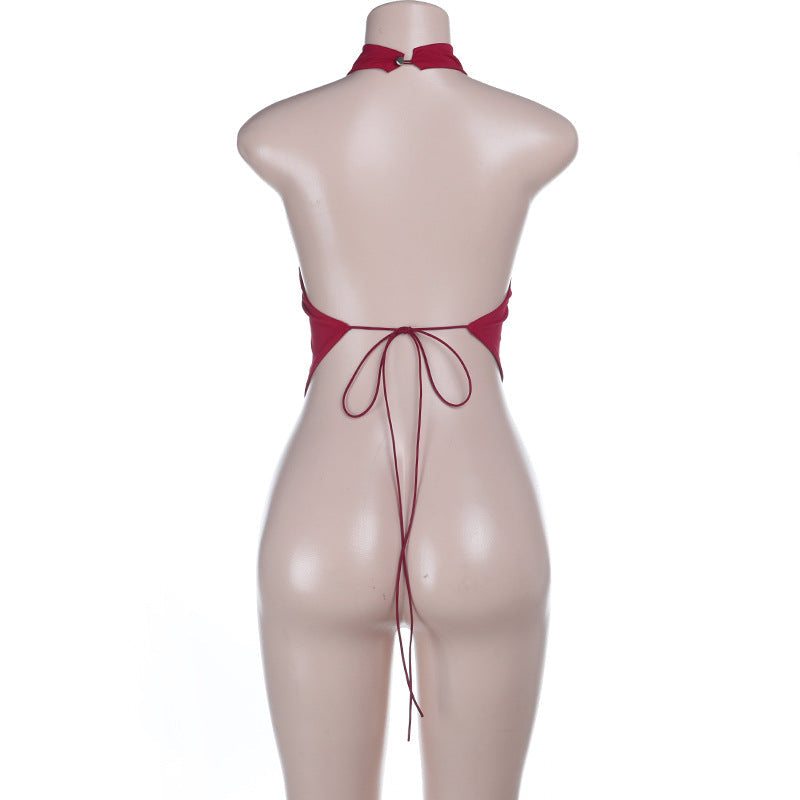 Irregular halter self tie backless solid top  | Festival Outfits Women