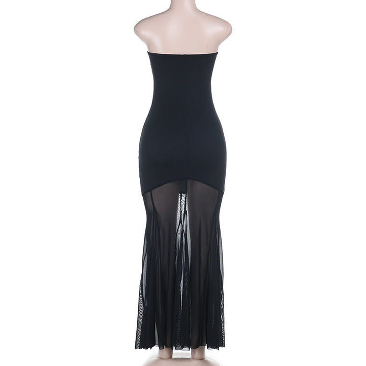 Mesh ruched tube backless solid maxi dress  | Festival Outfits Women