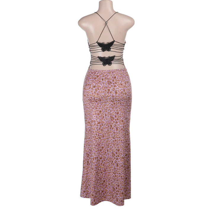 Print v neck cross back backless maxi dress  | Festival Outfits Women