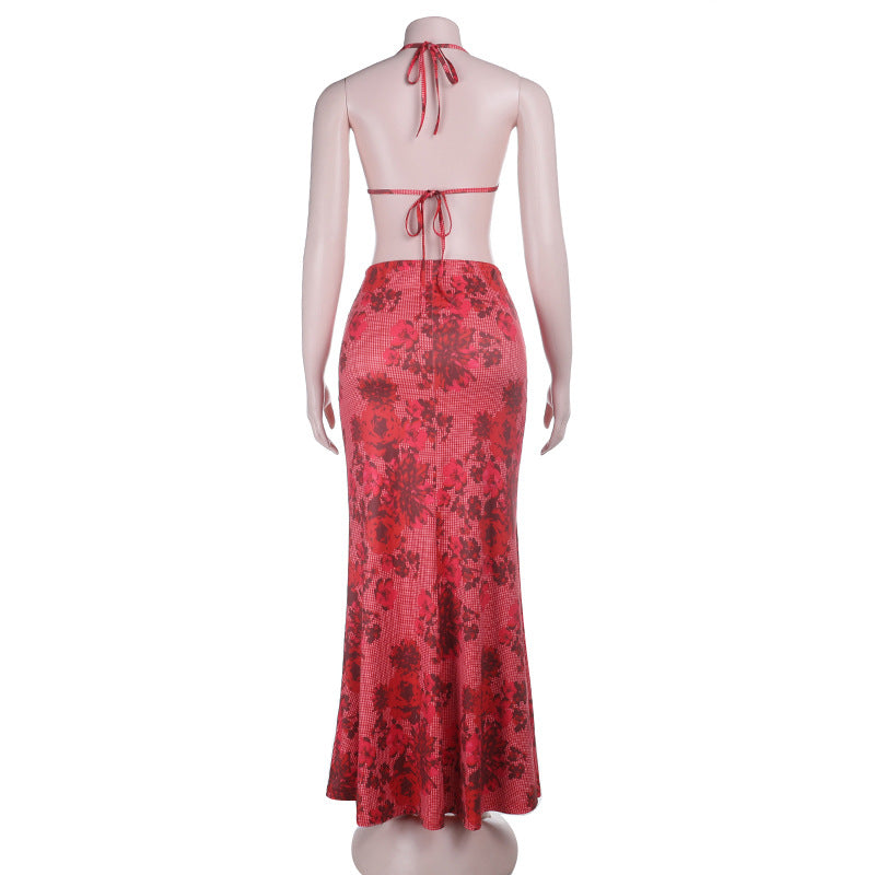 Self tie halter flower print lace hem maxi skirt set  | Festival Outfits Women