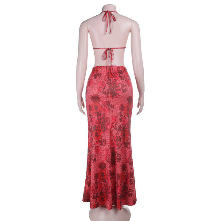 Self tie halter flower print lace hem maxi skirt set  | Festival Outfits Women