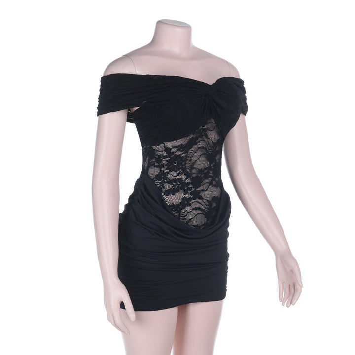 Off shoulder lace ruched solid mini dress  | Festival Outfits Women