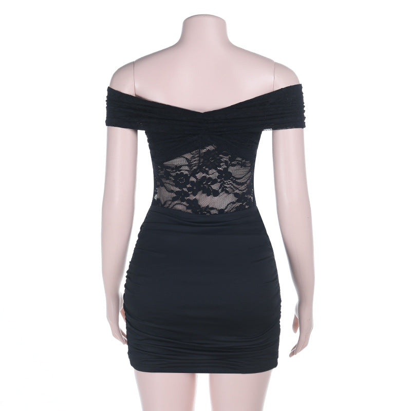 Off shoulder lace ruched solid mini dress  | Festival Outfits Women