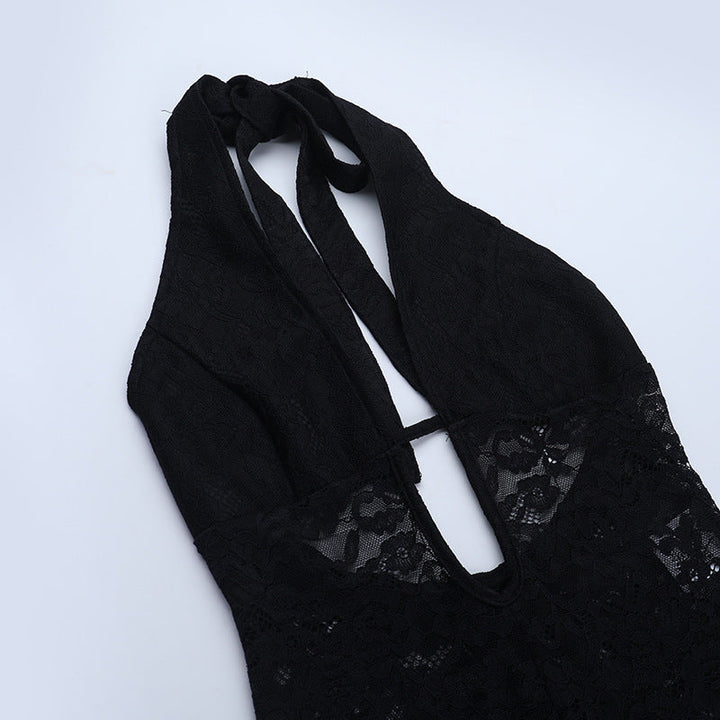 Hollow out lace halter self tie backless jumpsuit  | Festival Outfits Women