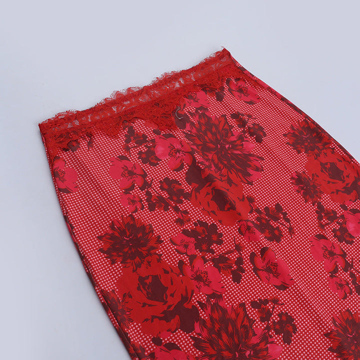 Self tie halter flower print lace hem maxi skirt set  | Festival Outfits Women