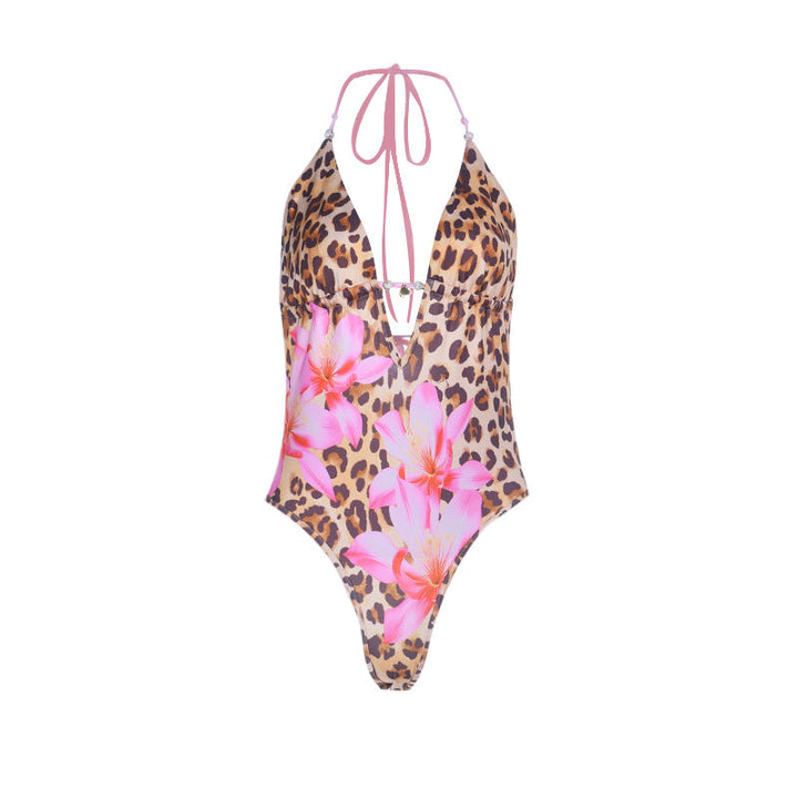 Leopard print v neck self tie halter button bodysuit  | Festival Outfits Women