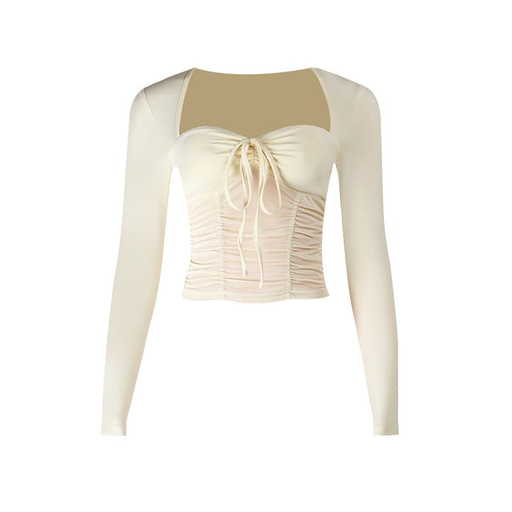 Long sleeve ruched self tie mesh solid top  | Festival Outfits Women