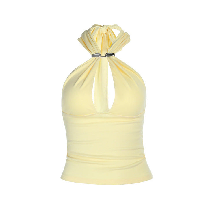 Hollow out self tie halter backless solid cut out top  | Festival Outfits Women