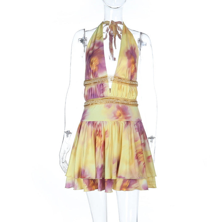 Halter self tie print deep v neck mini dress  | Festival Outfits Women