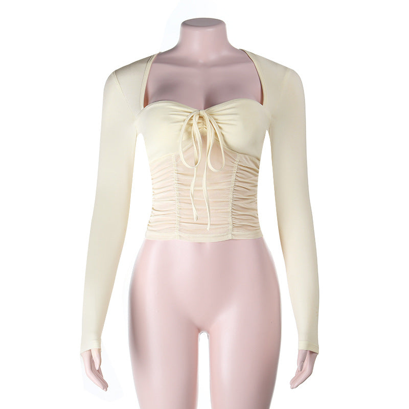 Long sleeve ruched self tie mesh solid top  | Festival Outfits Women