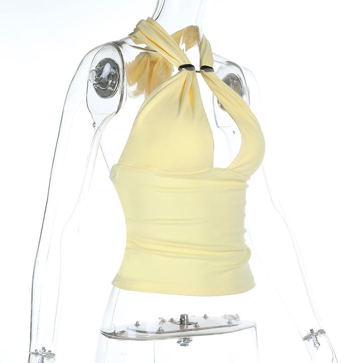 Hollow out self tie halter backless solid cut out top  | Festival Outfits Women