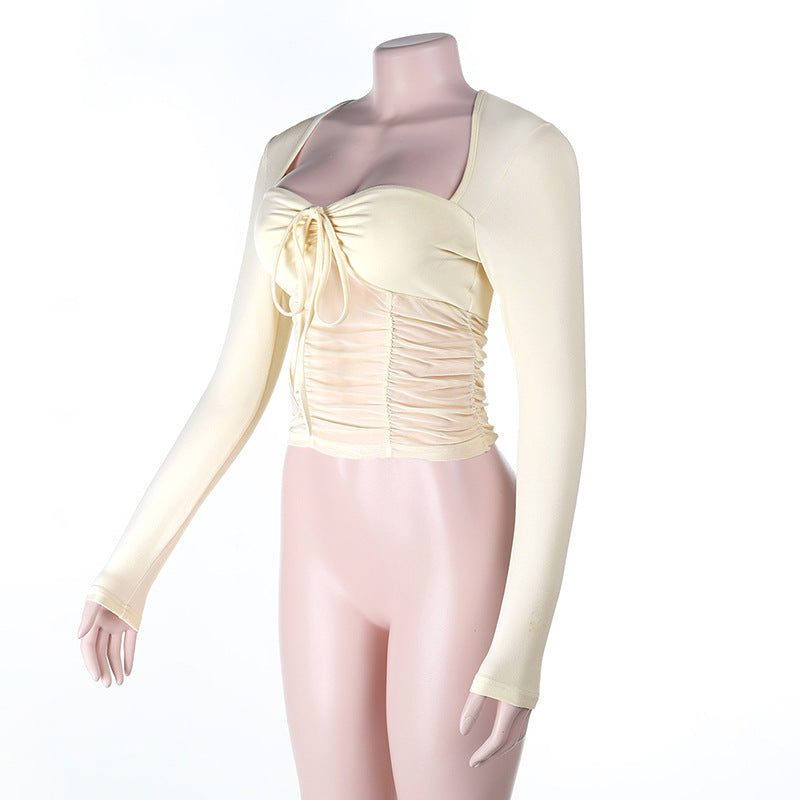 Long sleeve ruched self tie mesh solid top  | Festival Outfits Women