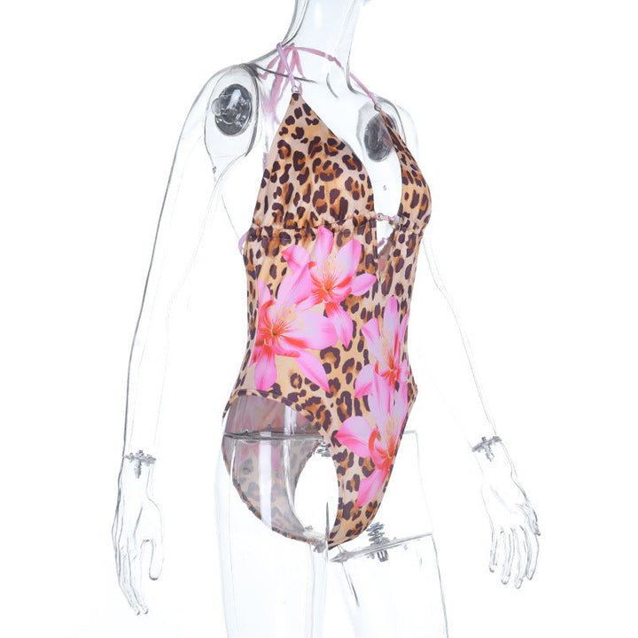 Leopard print v neck self tie halter button bodysuit  | Festival Outfits Women