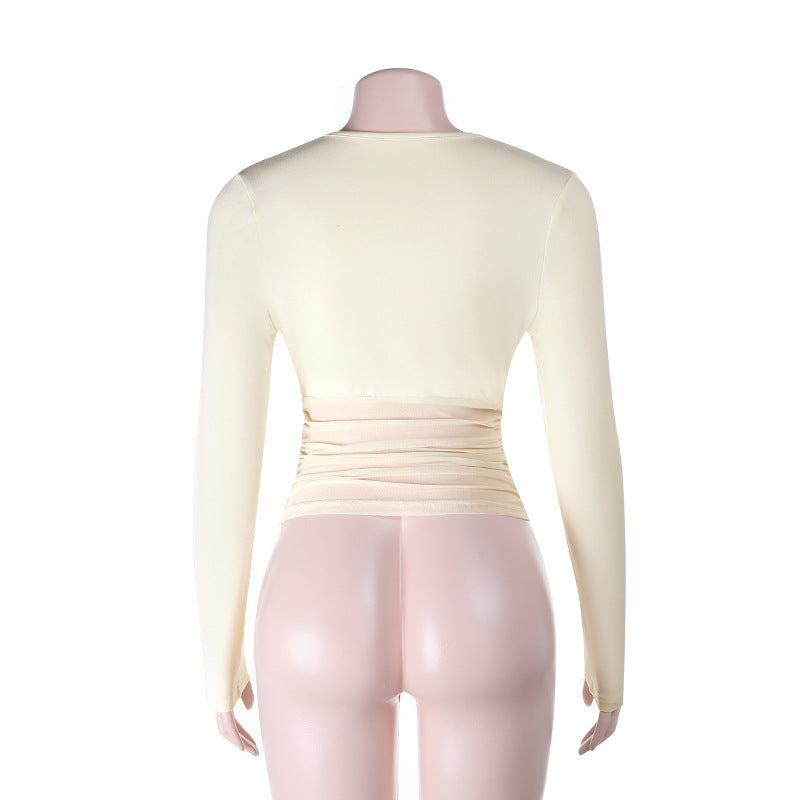 Long sleeve ruched self tie mesh solid top  | Festival Outfits Women