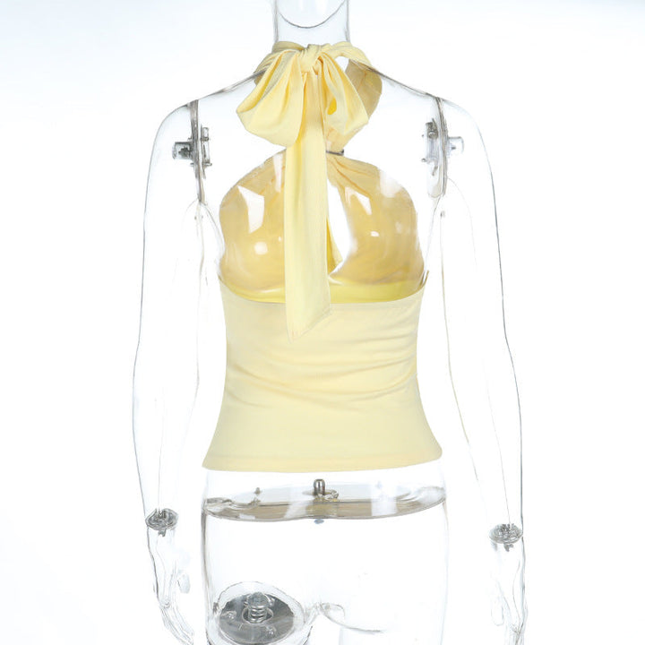 Hollow out self tie halter backless solid cut out top  | Festival Outfits Women