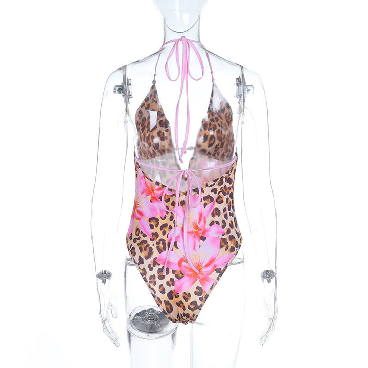 Leopard print v neck self tie halter button bodysuit  | Festival Outfits Women