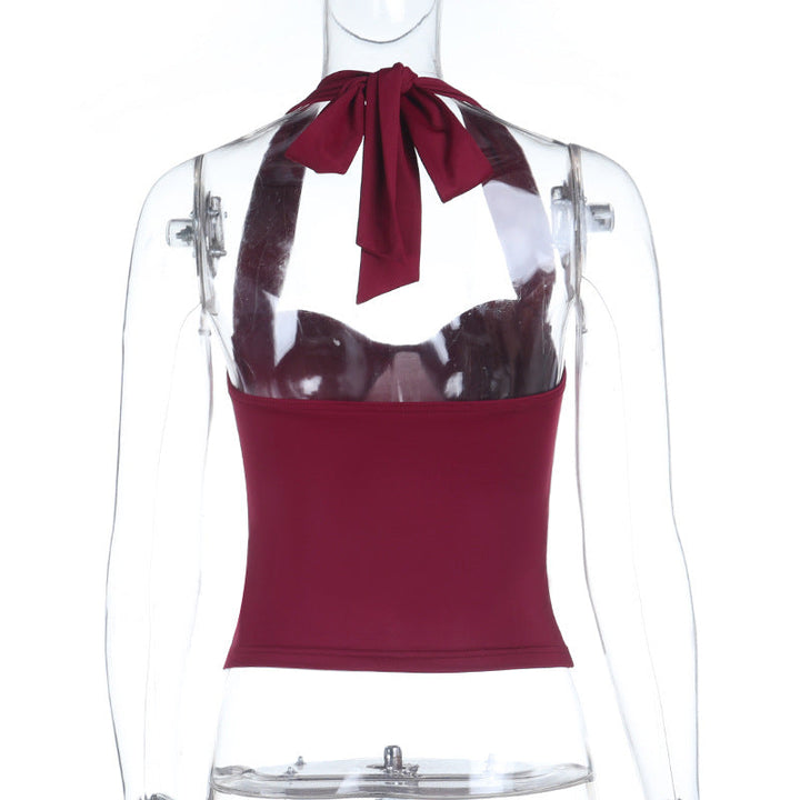Halter self tie backless v neck solid top  | Festival Outfits Women