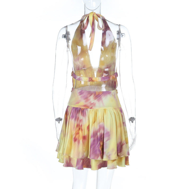 Halter self tie print deep v neck mini dress  | Festival Outfits Women