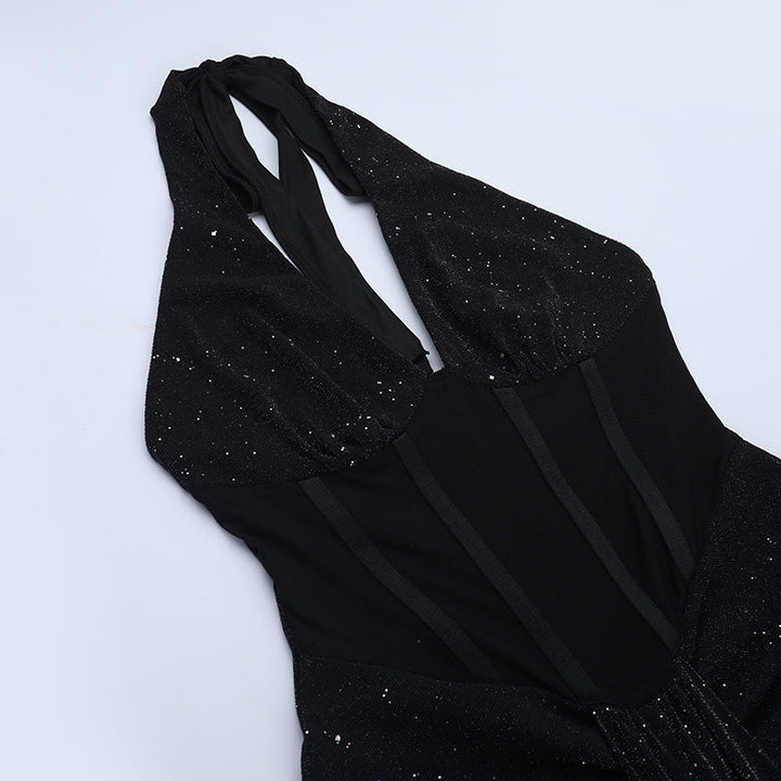 Ruched v neck halter self tie backless maxi dress  | Festival Outfits Women