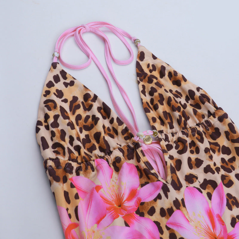 Leopard print v neck self tie halter button bodysuit  | Festival Outfits Women